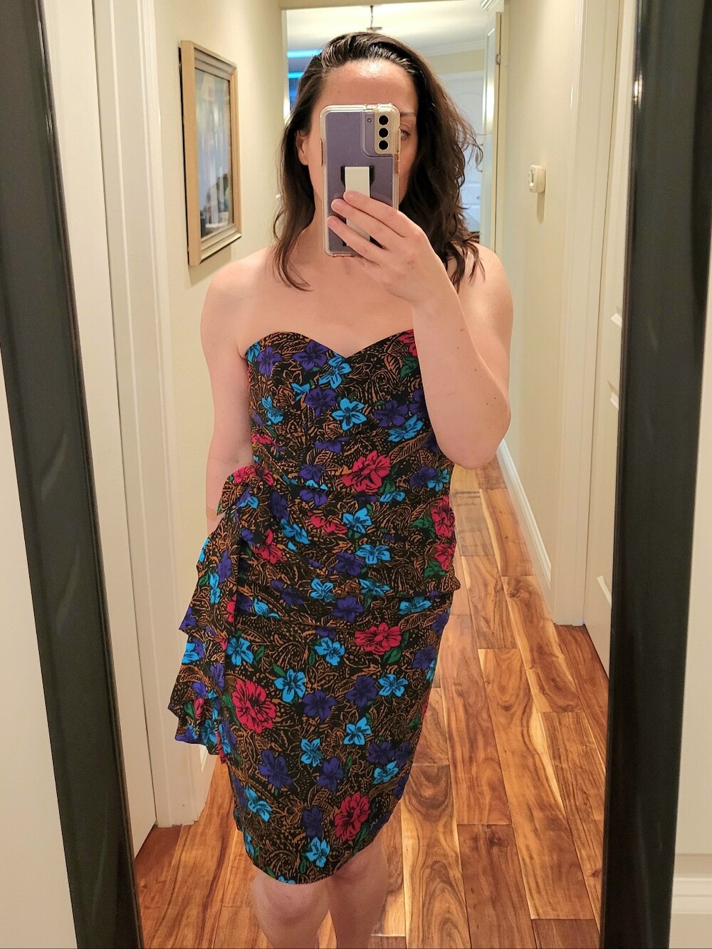 Vintage Floral Strapless Dress Ruched Bright Tropical Cocktail Dress